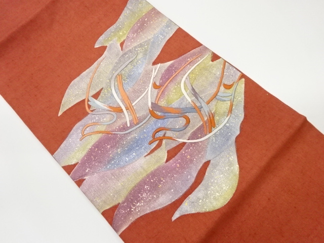 手織り紬金銀彩抽象鳥模様織出し名古屋帯